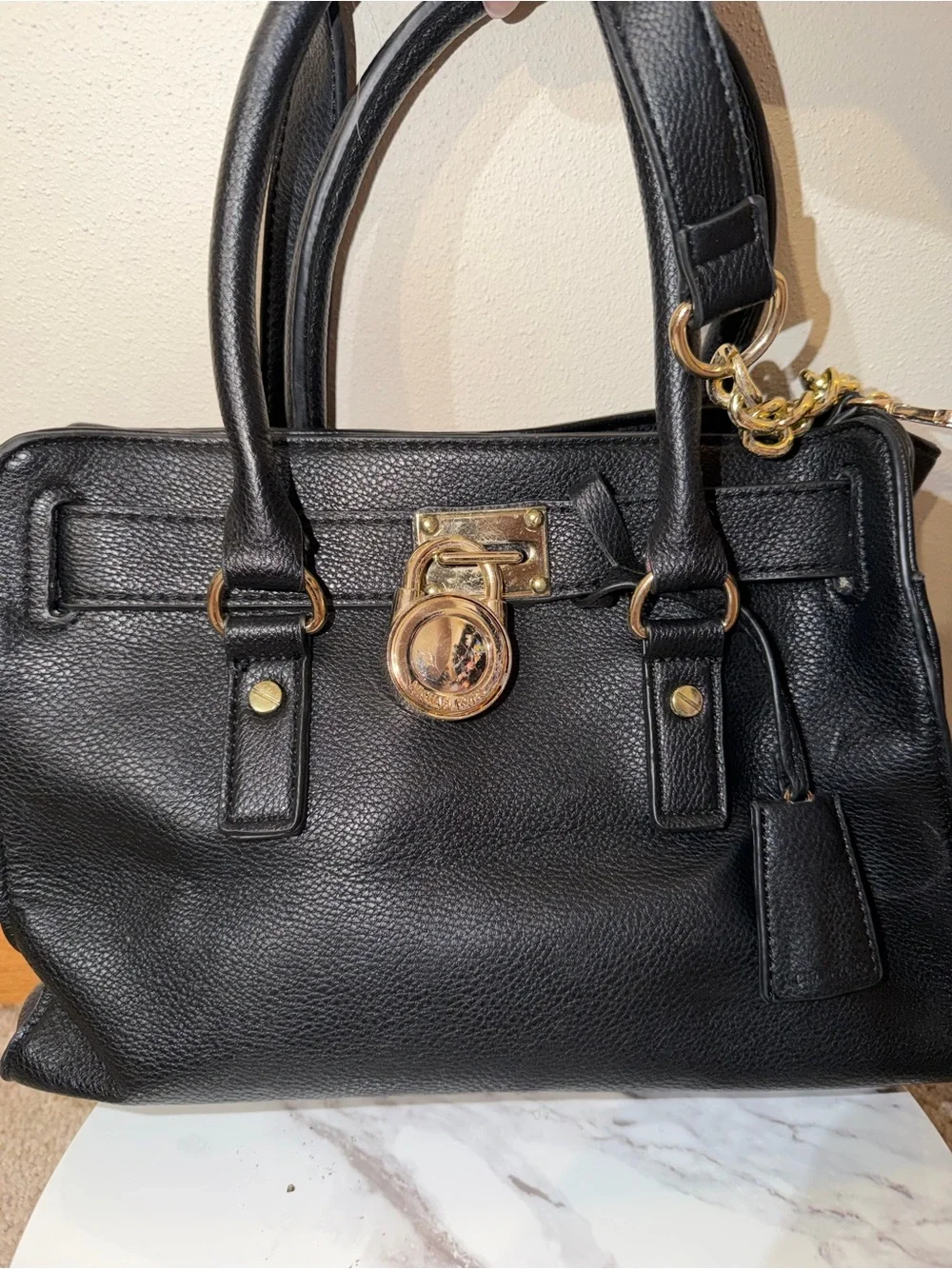 Michael Kors Black Leather Satchel with Gold Hardware Accent